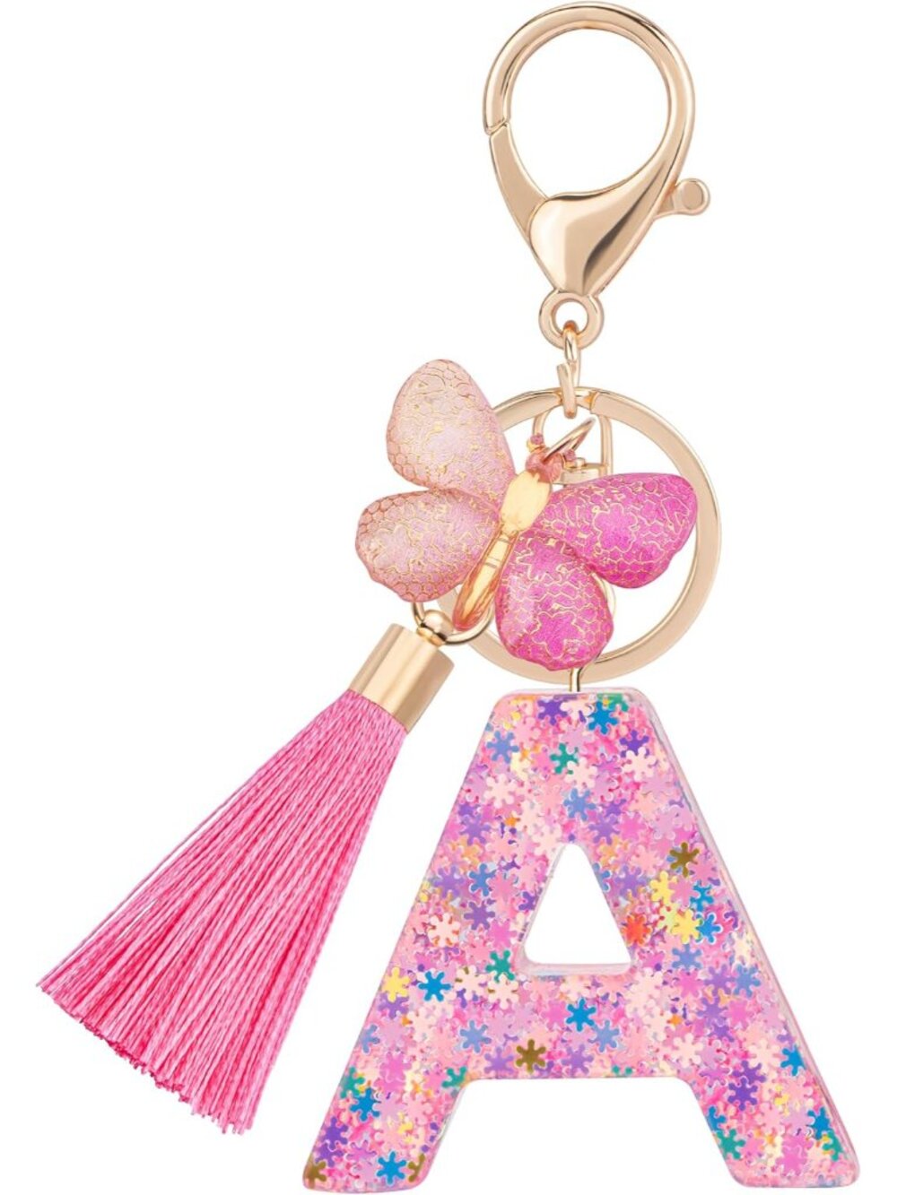 Cute Pink Key Chains for Women Girls, Initial Letter Keychains with Tassel, Char